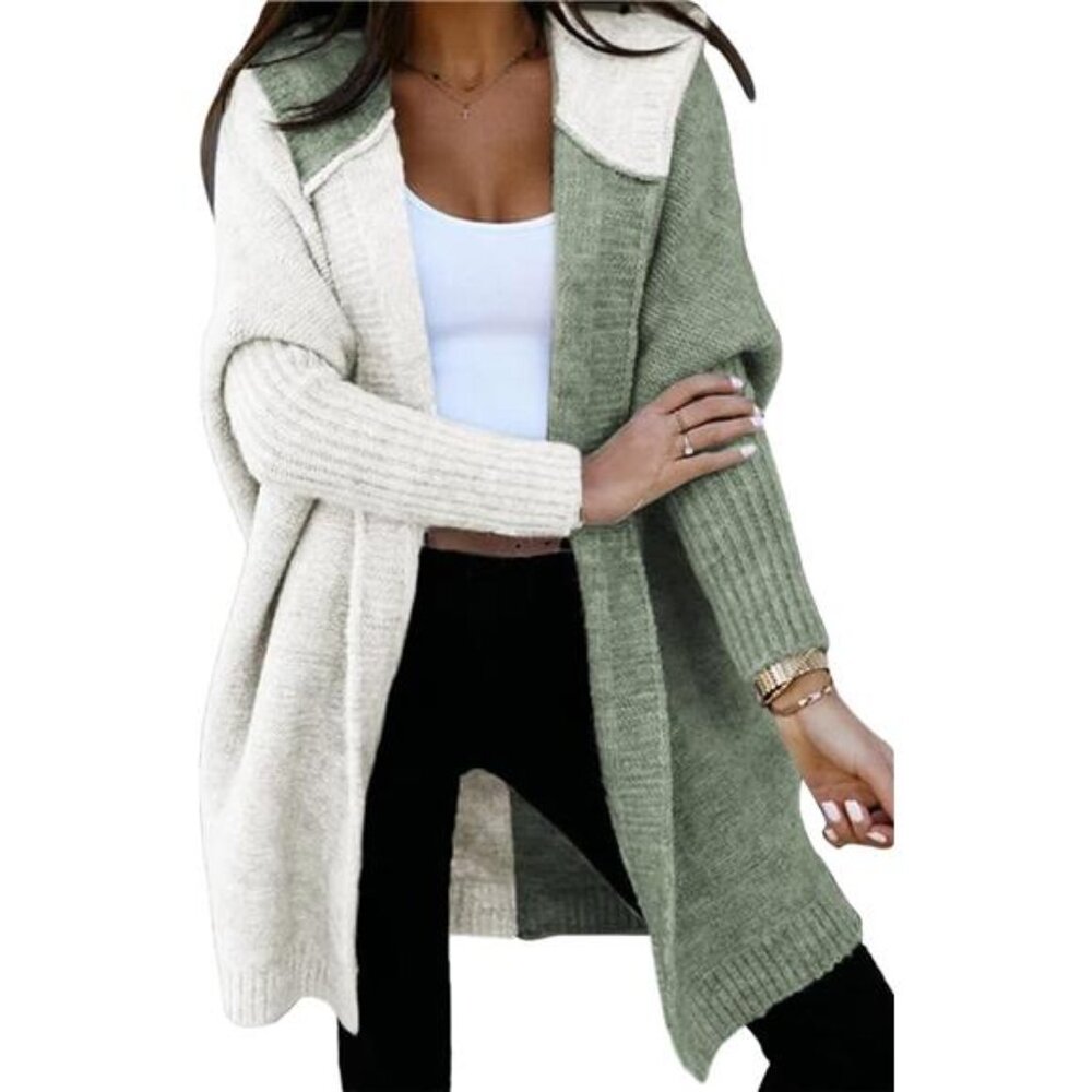 Color Block Hooded Knit Cardigan | Open Front Long Sleeve Sweater